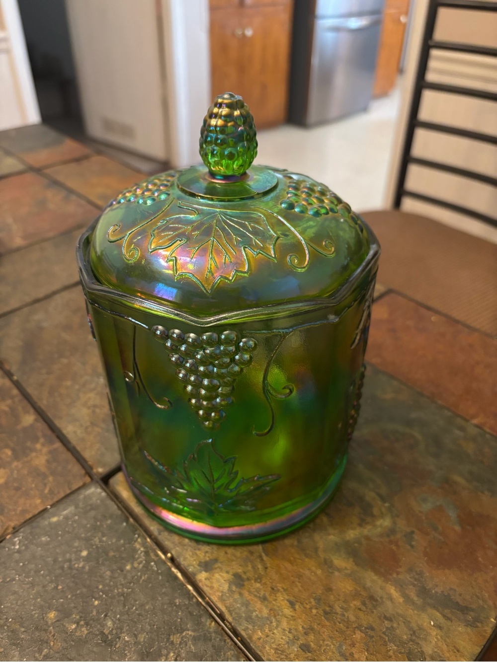 Iridescent Green Carnival Glass Candy Jar with Grape Motif